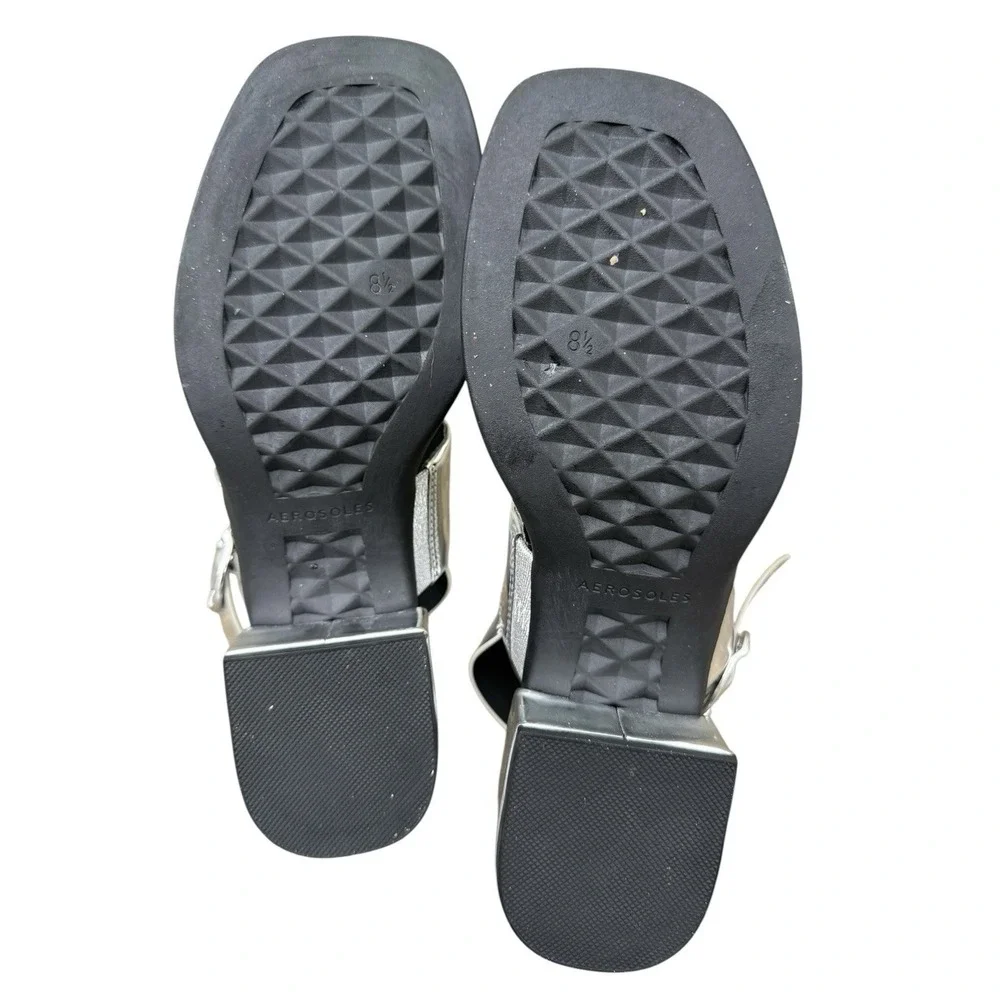 Aerosoles Dove Sandals 8.5M Silver Metallic Mirror Block Heel Buckle Comfort